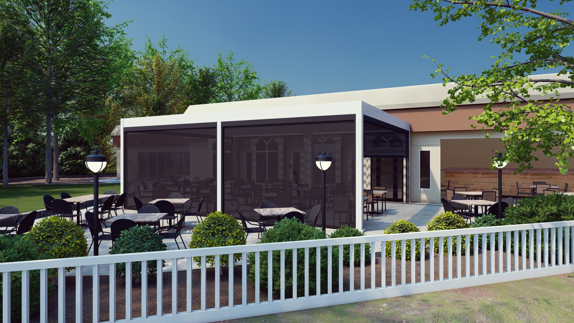 B2 Bistro North Brunswick commercial louvered roof installation by Breslow